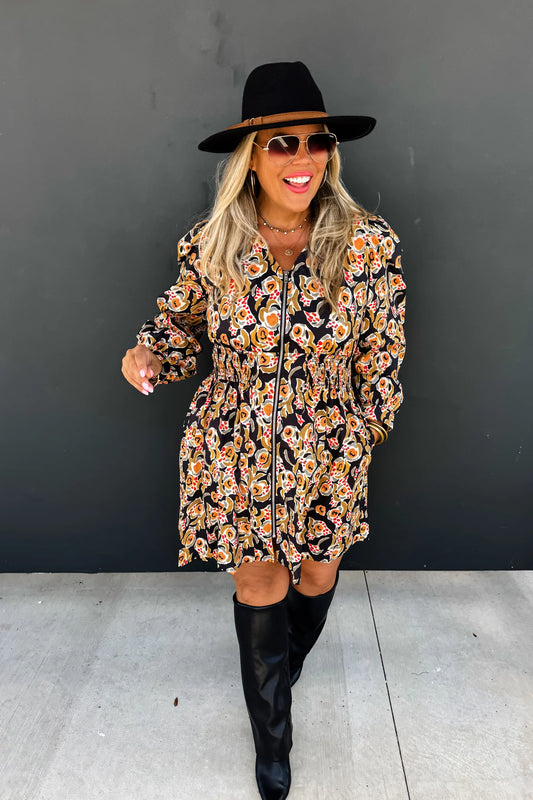 Black Floral Print Long Sleeve Dress