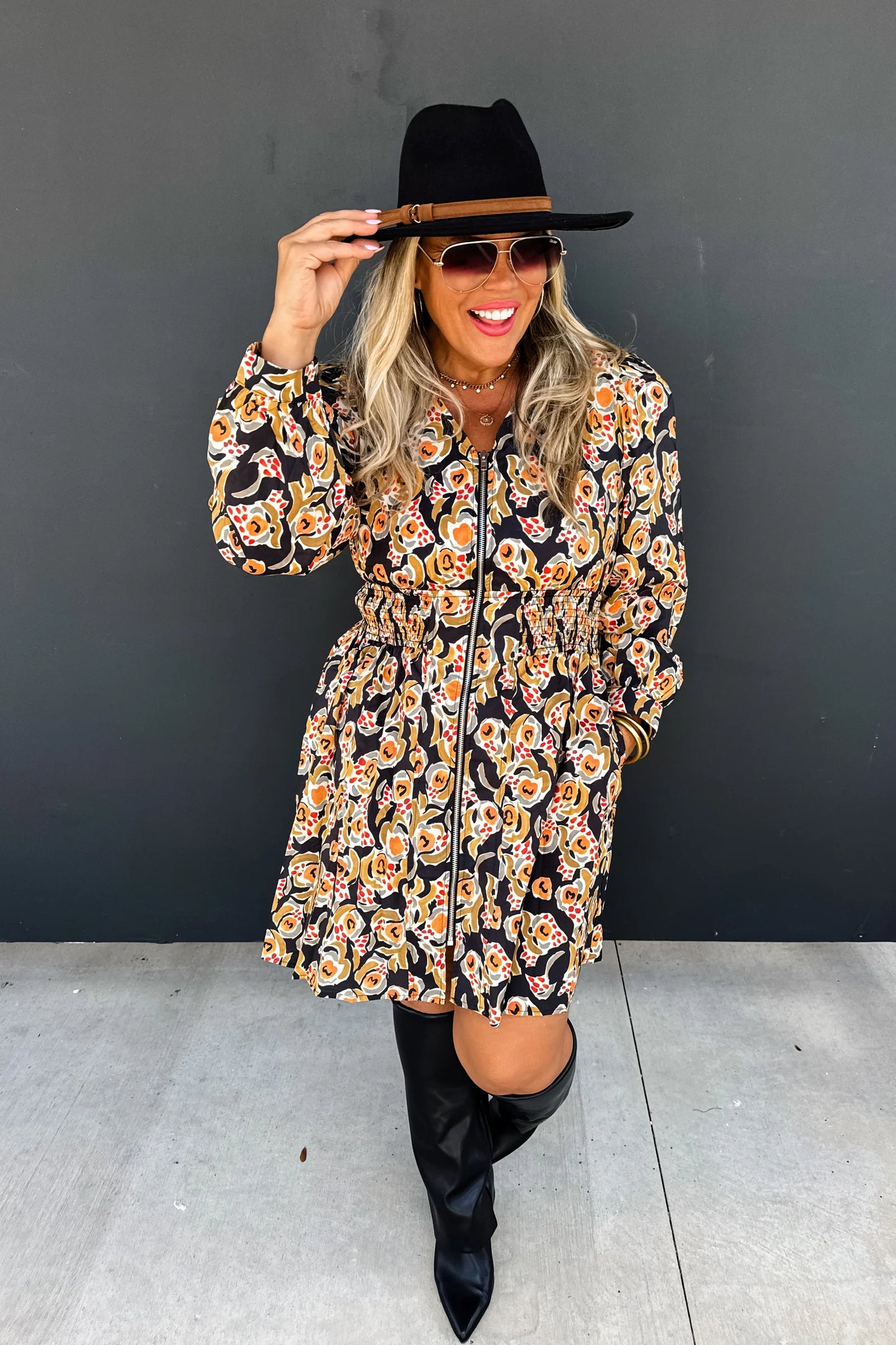 Black Floral Print Long Sleeve Dress