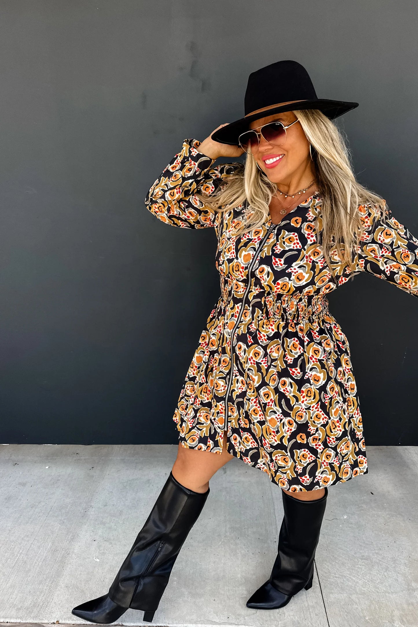 Black Floral Print Long Sleeve Dress