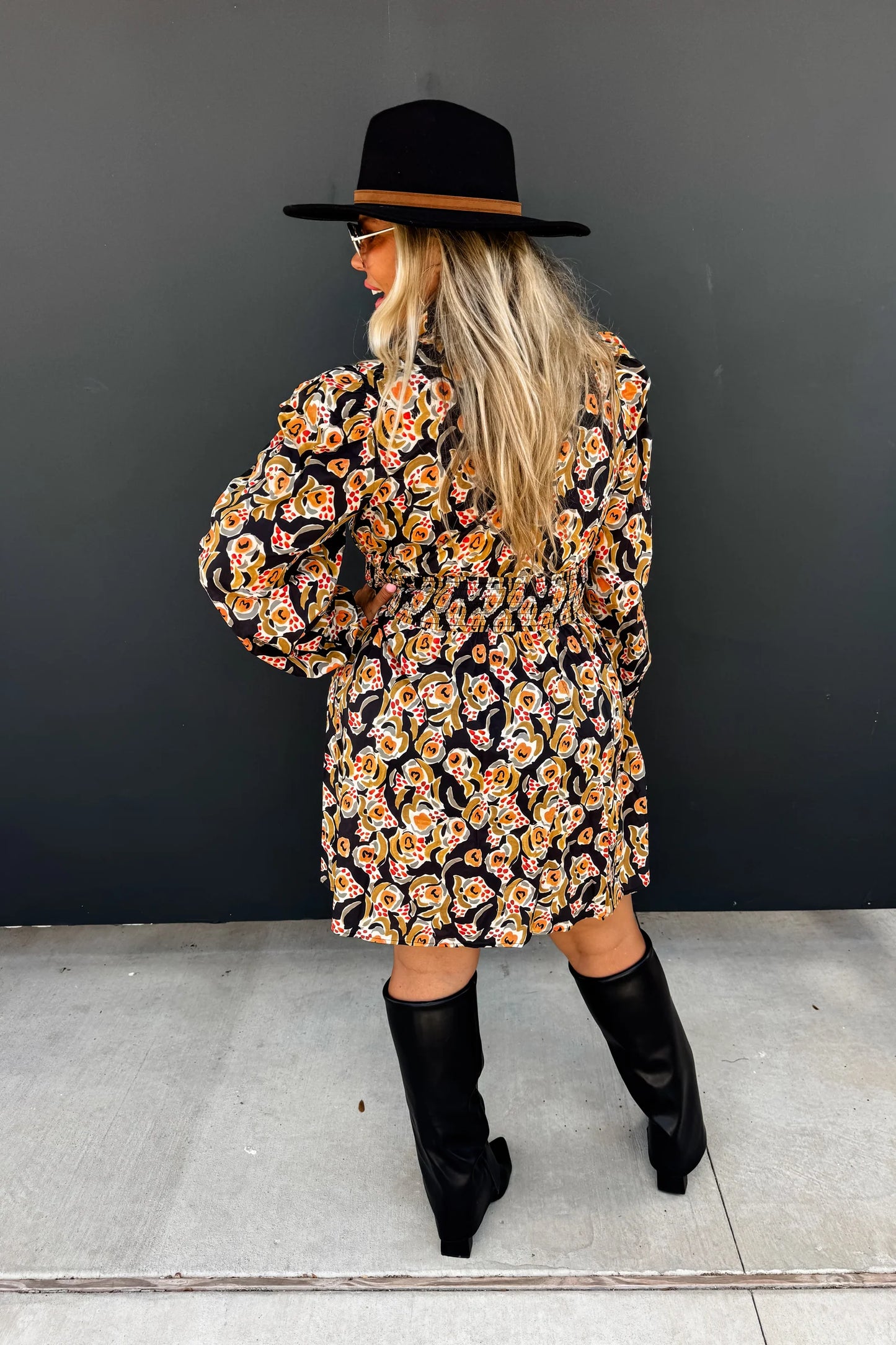 Black Floral Print Long Sleeve Dress