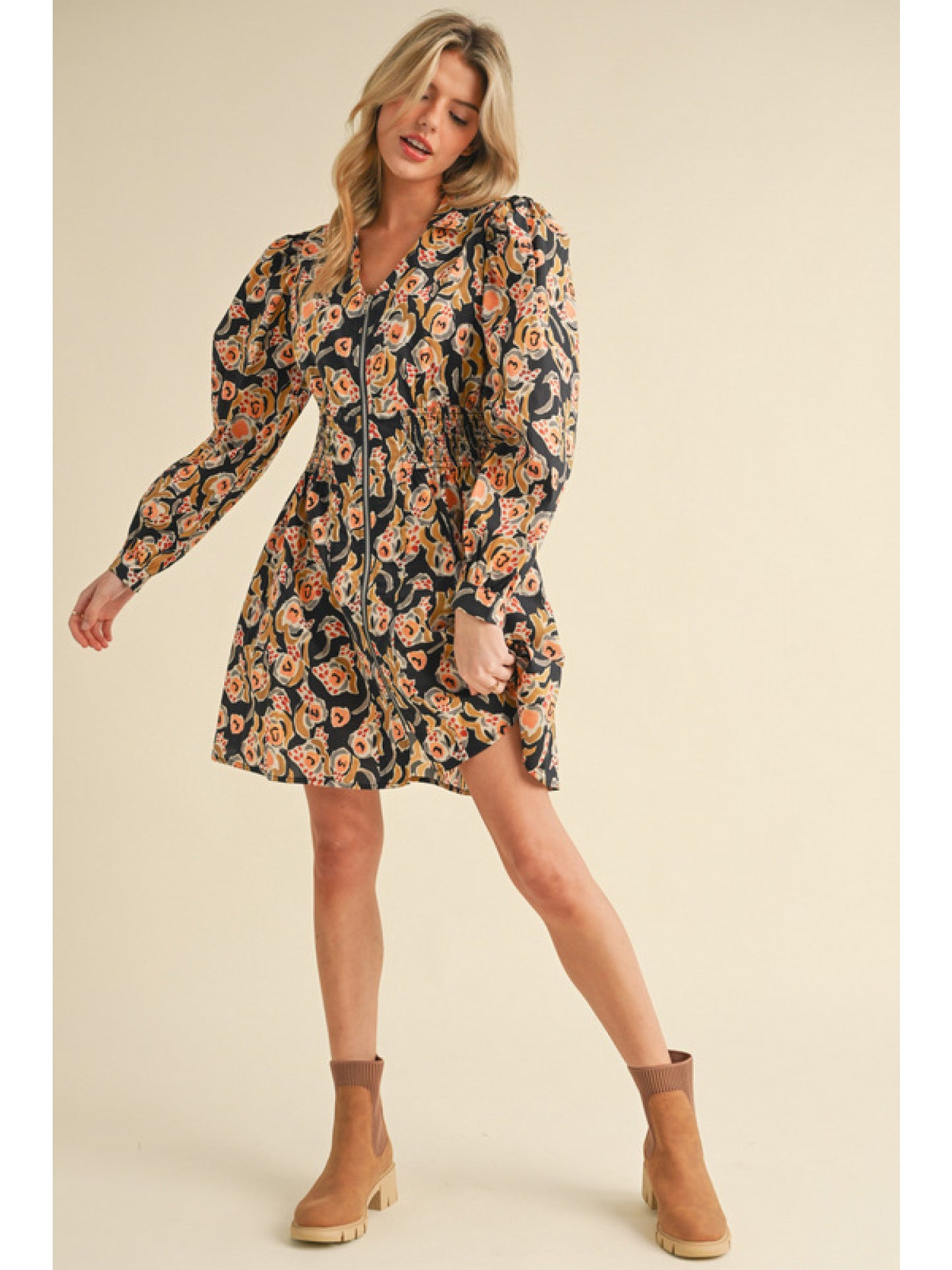 Black Floral Print Long Sleeve Dress