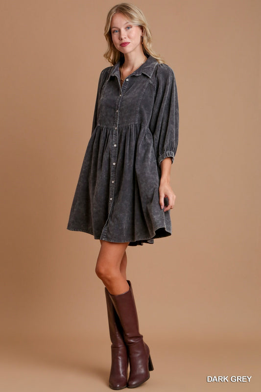 Dark Grey Corduroy Button Down Dress