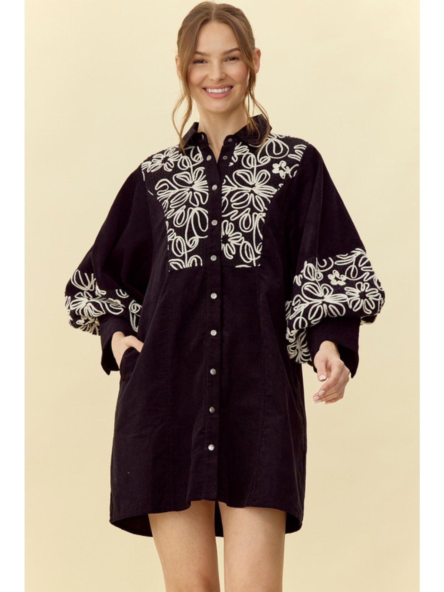 Pre Order: Black Embroidered Corduroy Dress