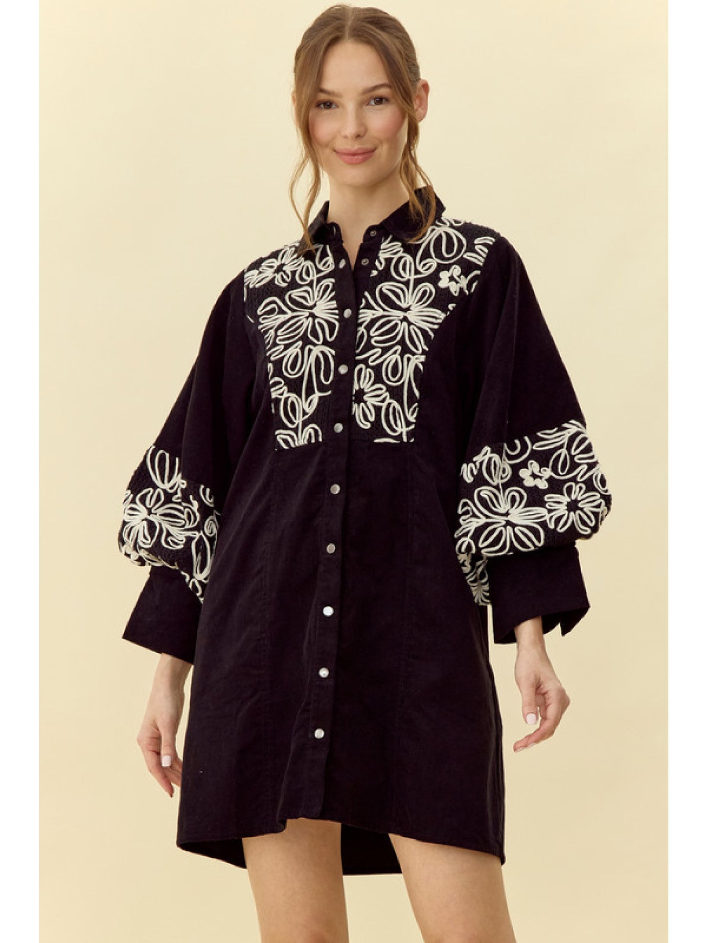 Pre Order: Black Embroidered Corduroy Dress