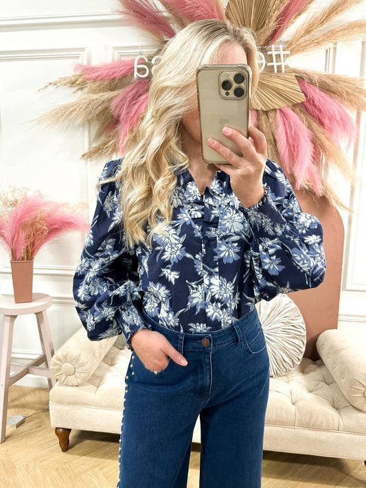 Navy Floral Print Long Sleeve Blouse