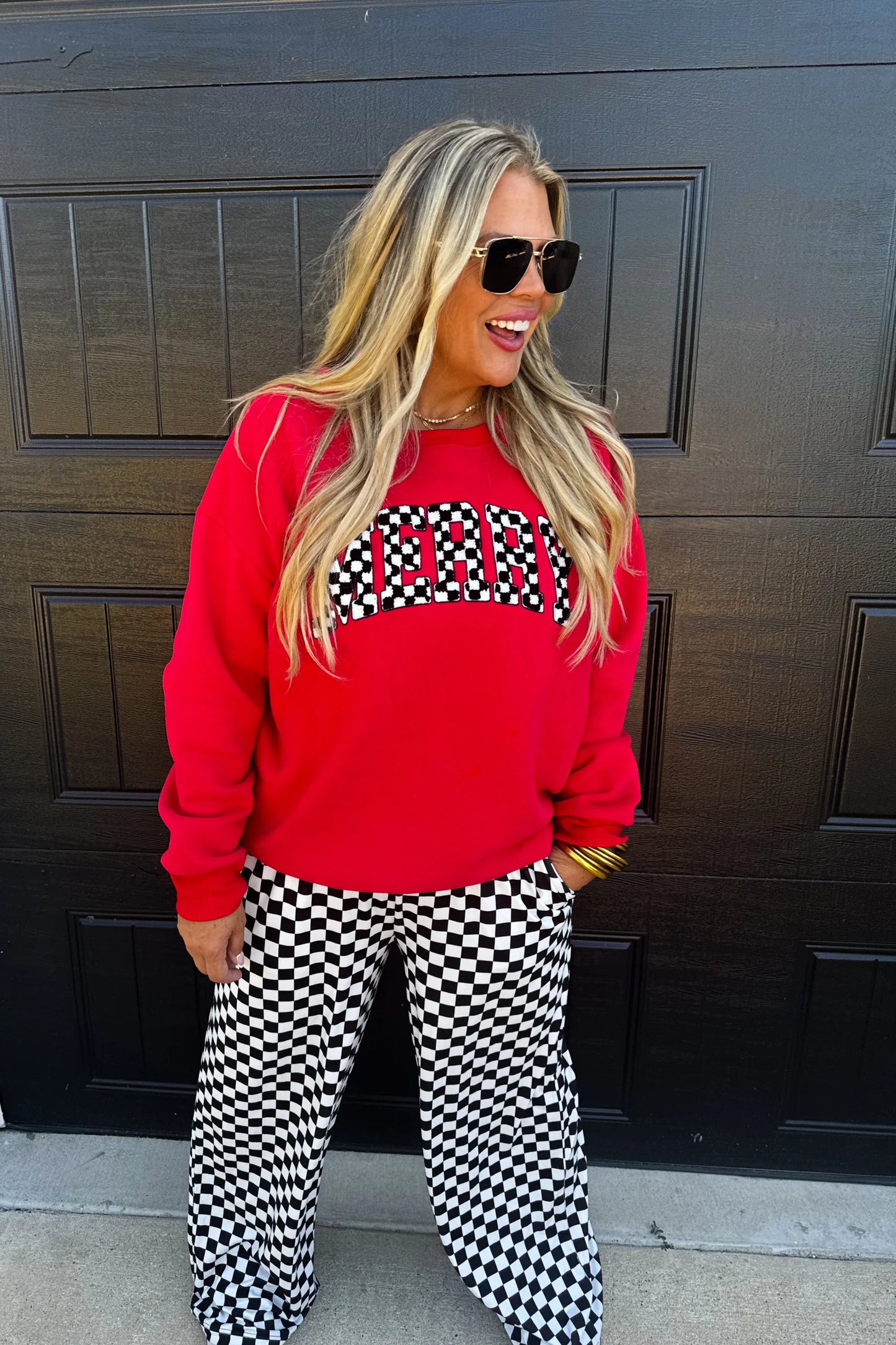 Pre Order: Merry Checkered Letter Sweatshirt