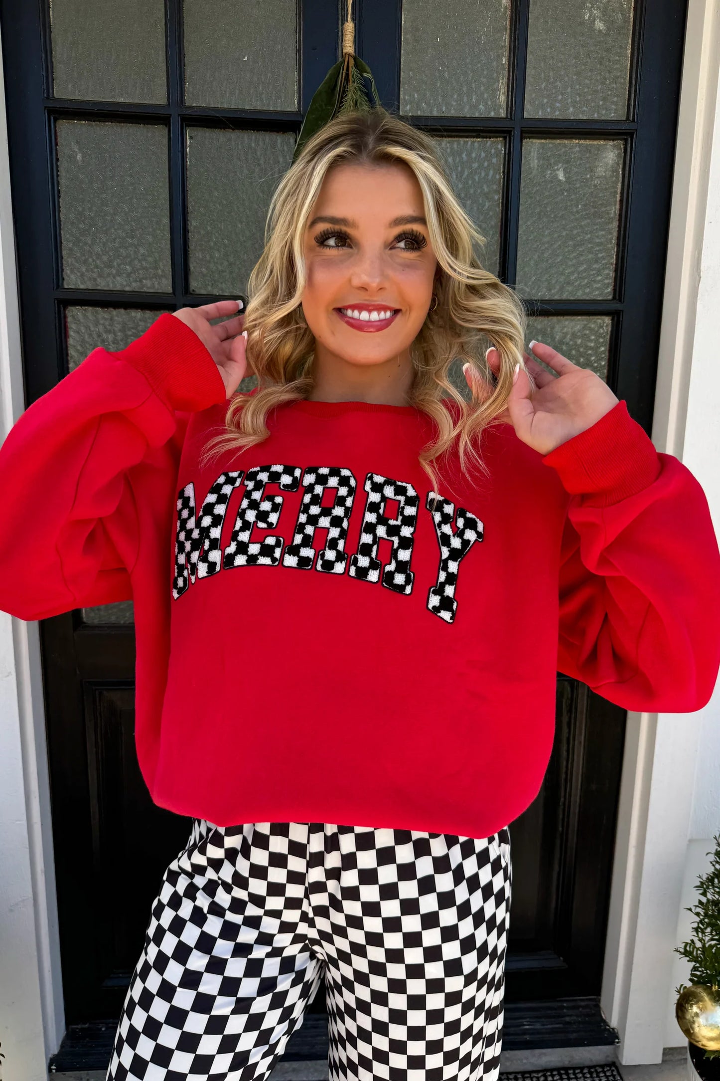 Pre Order: Merry Checkered Letter Sweatshirt