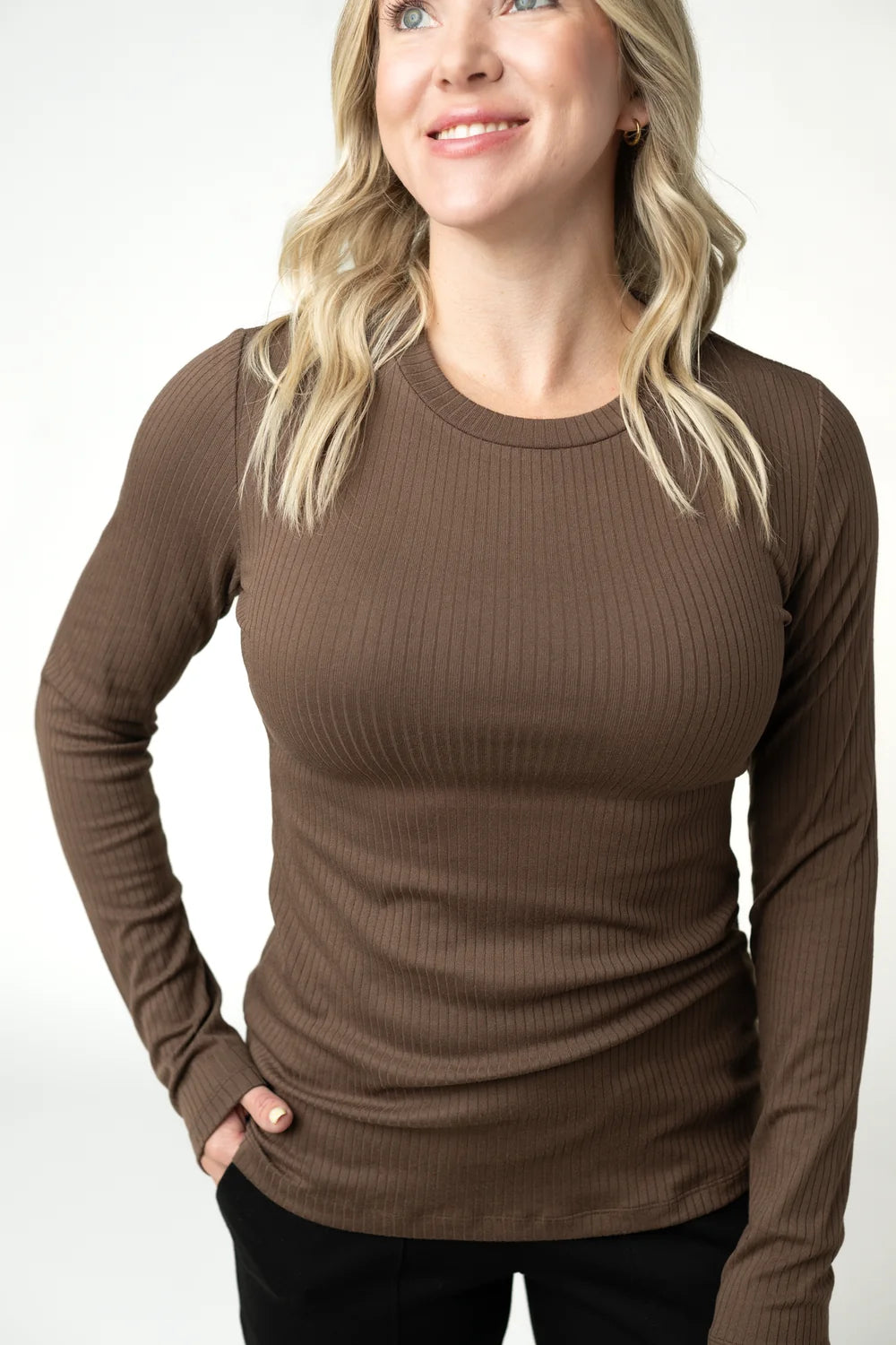 Brown Long Sleeve Ribbed Top
