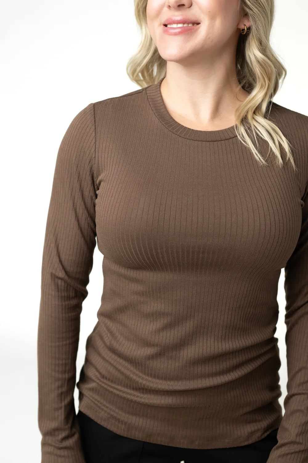 Brown Long Sleeve Ribbed Top