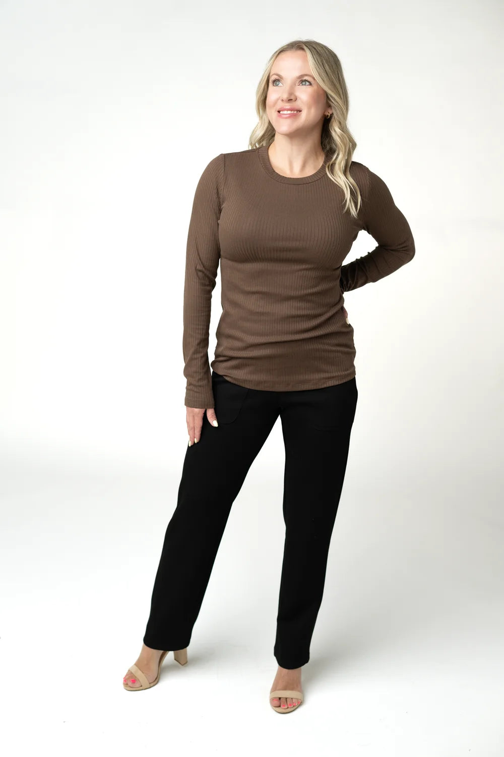Brown Long Sleeve Ribbed Top