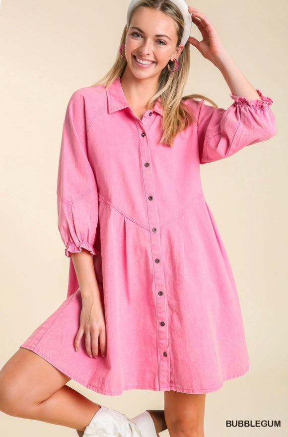 Pink Collared Button Down Ruffle Sleeve Denim Dress