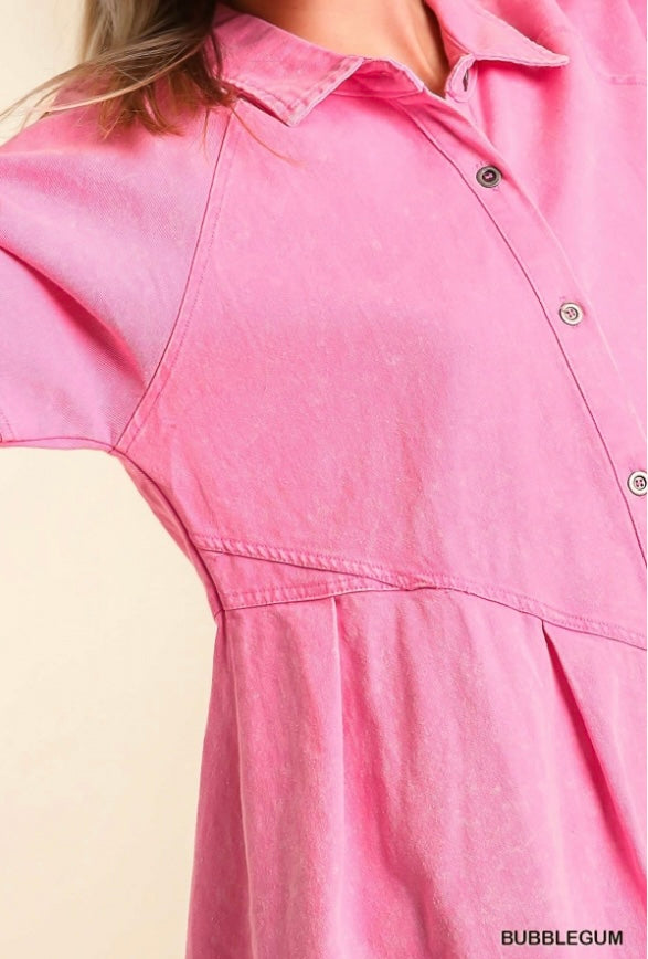 Pink Collared Button Down Ruffle Sleeve Denim Dress