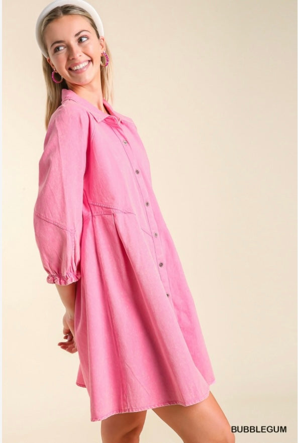 Pink Collared Button Down Ruffle Sleeve Denim Dress