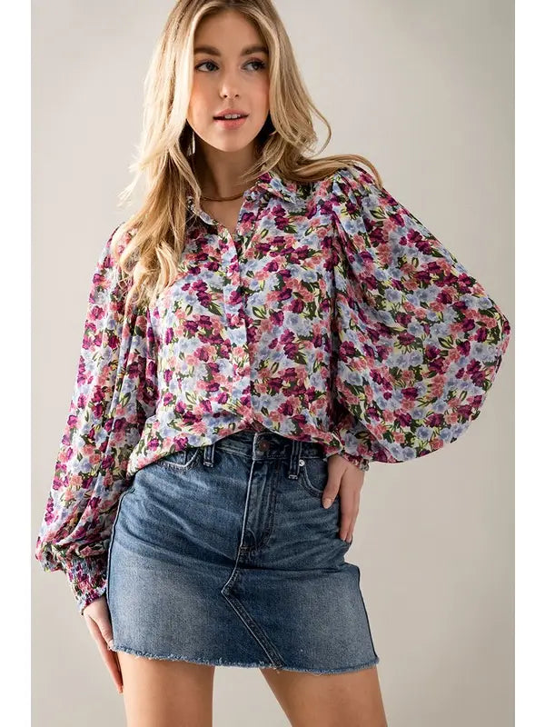 Purple Floral Puff Sleeve Blouse