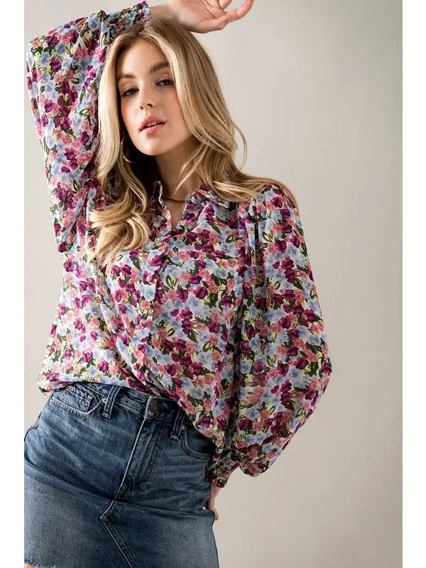 Purple Floral Puff Sleeve Blouse