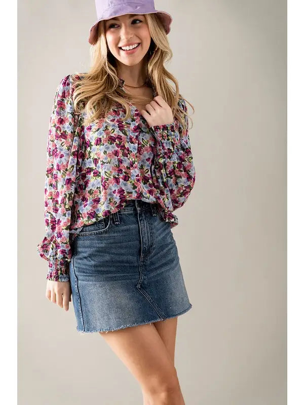 Purple Floral Puff Sleeve Blouse