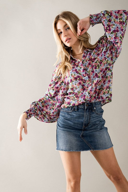 Purple Floral Puff Sleeve Blouse