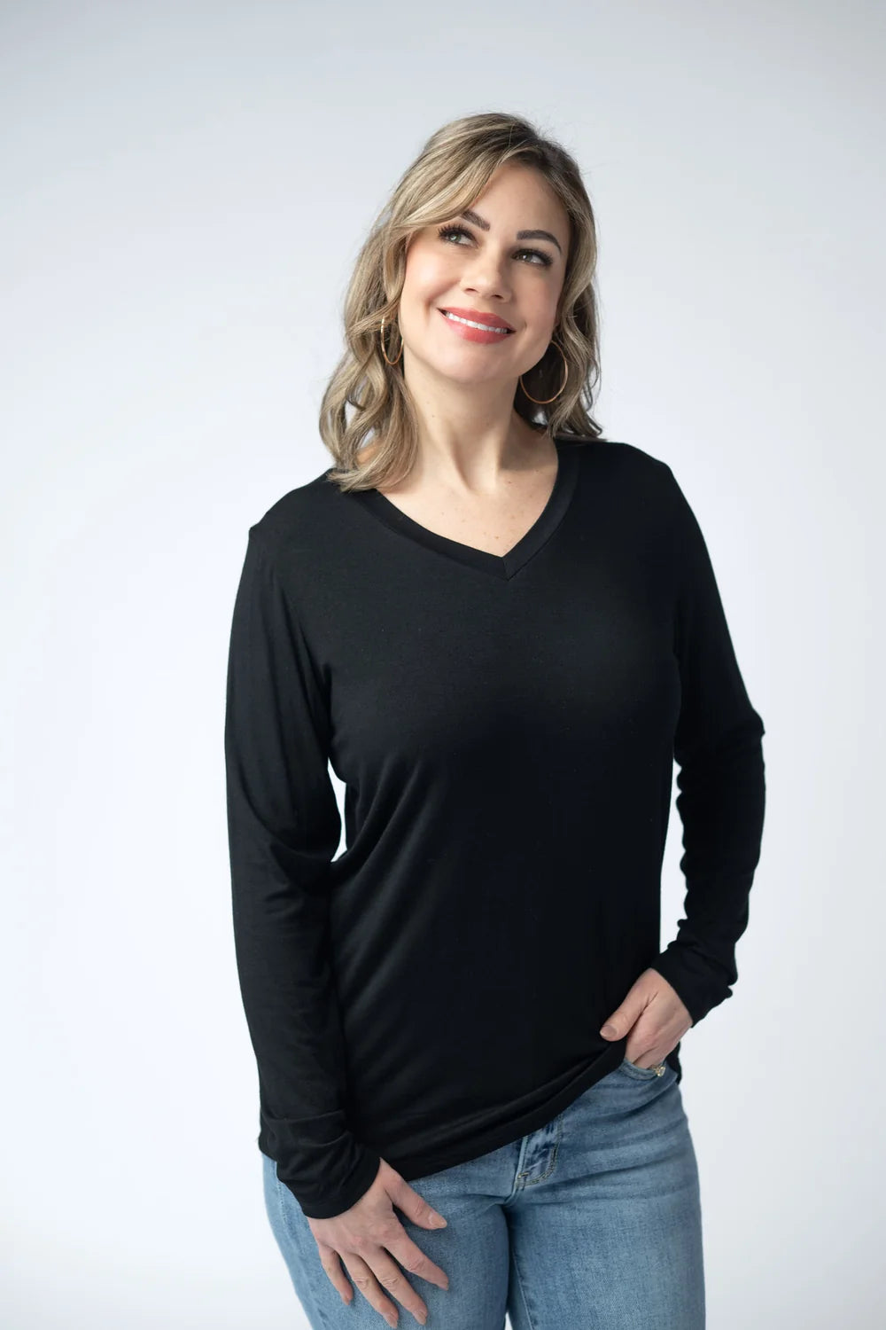 Black V-neck Long Sleeve Top