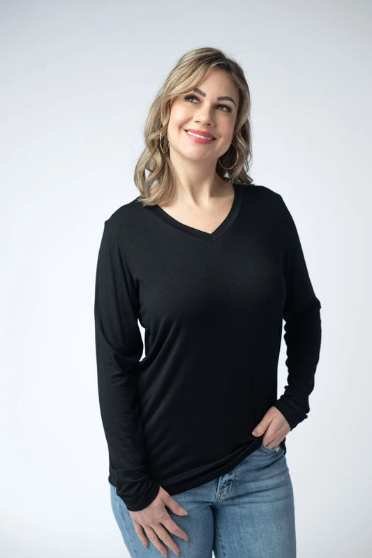 Black V-neck Long Sleeve Top