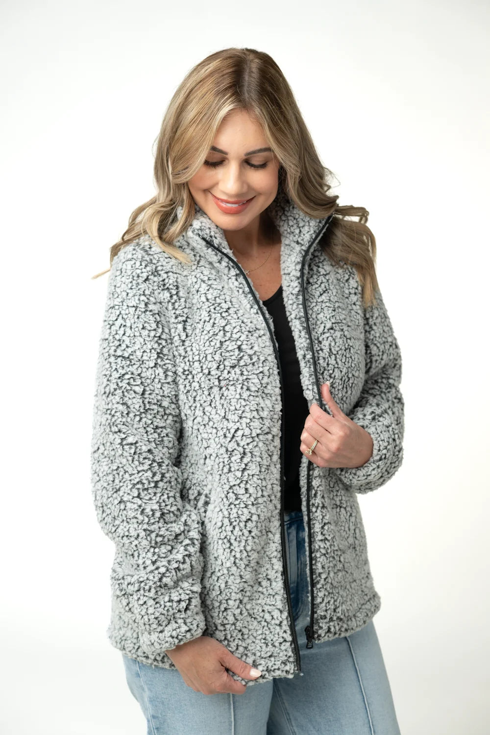 Charcoal and White two-tone full zip sherpa