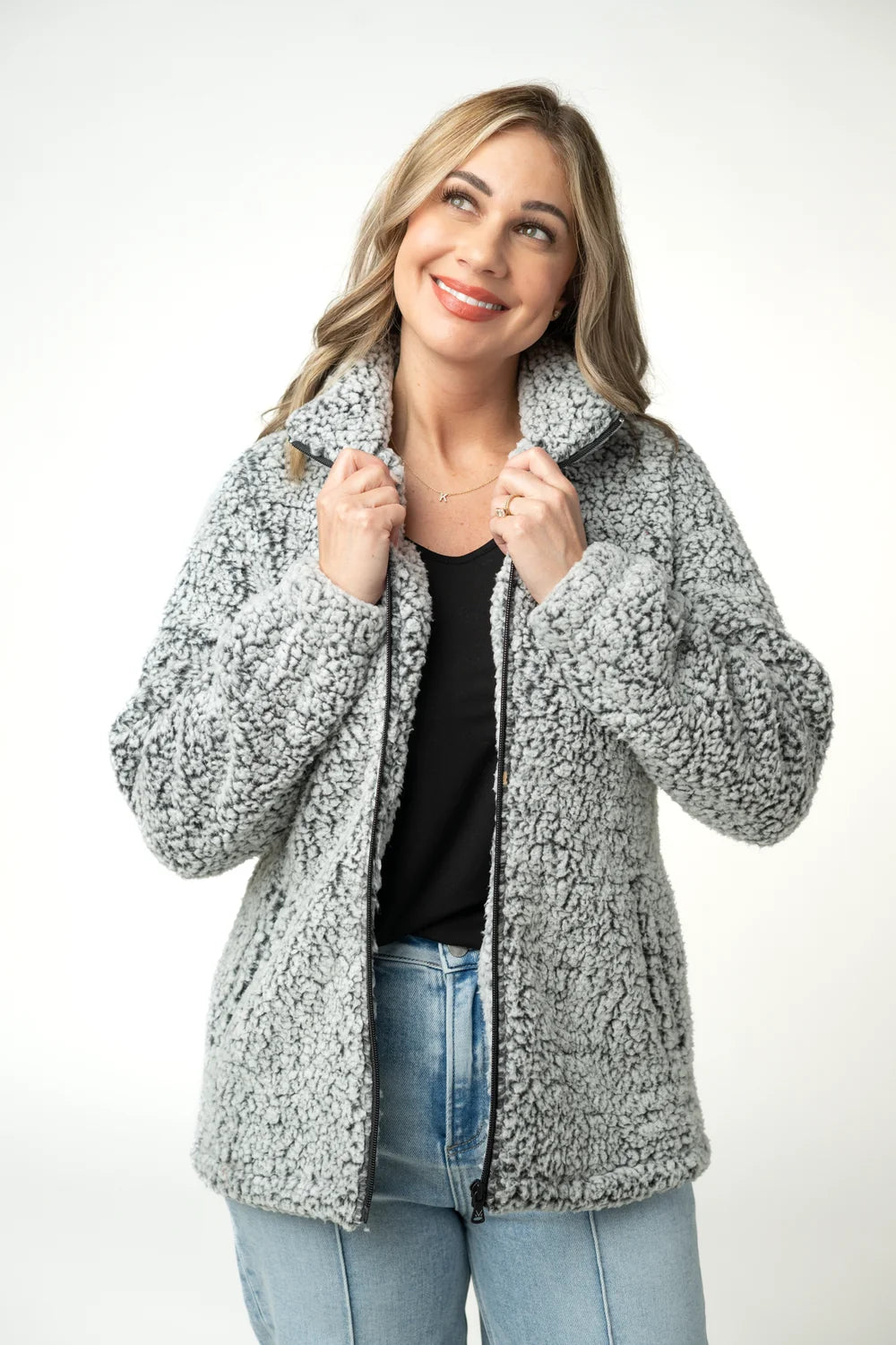 Charcoal and White two-tone full zip sherpa
