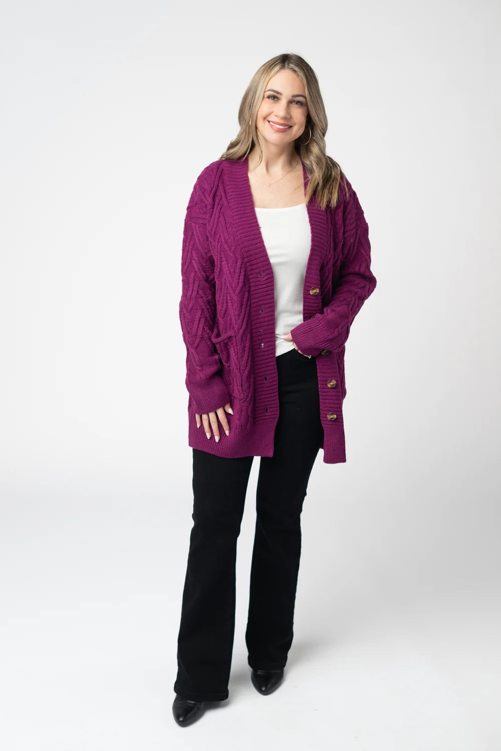 Magenta Button Down Cardigan Sweater