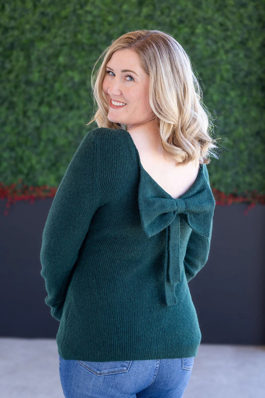 Emerald Green Back Bow Knit Sweater