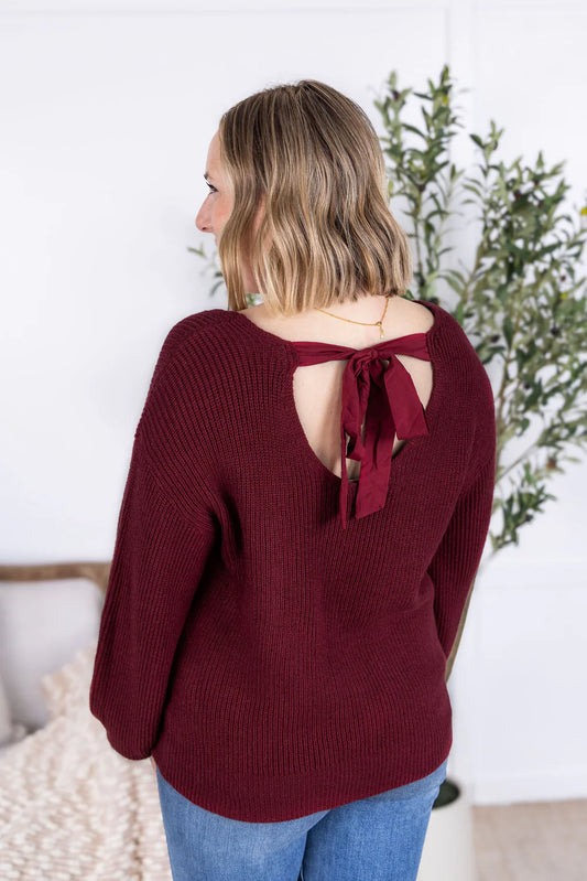Burgundy Tie Back Knit Sweater