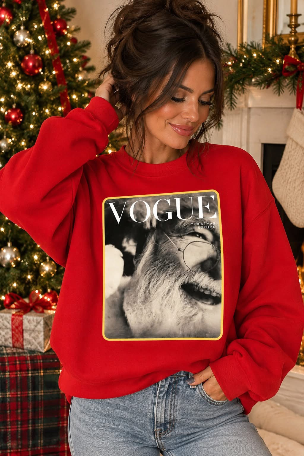 Red Vogue Santa Design Graphic Tee or Sweatshirt