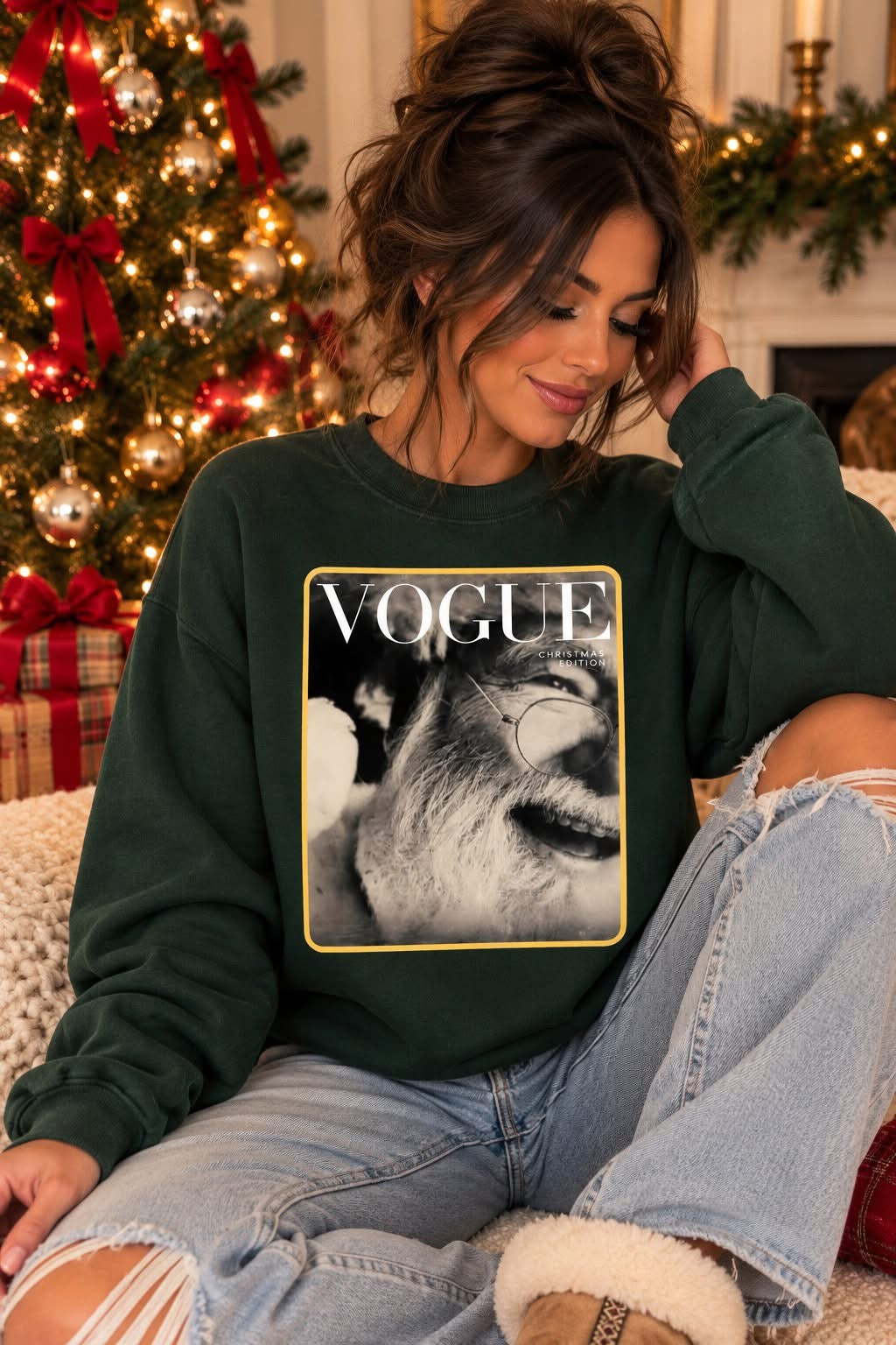 Forest Green Vogue Santa Design Graphic Tee or Sweatshirt