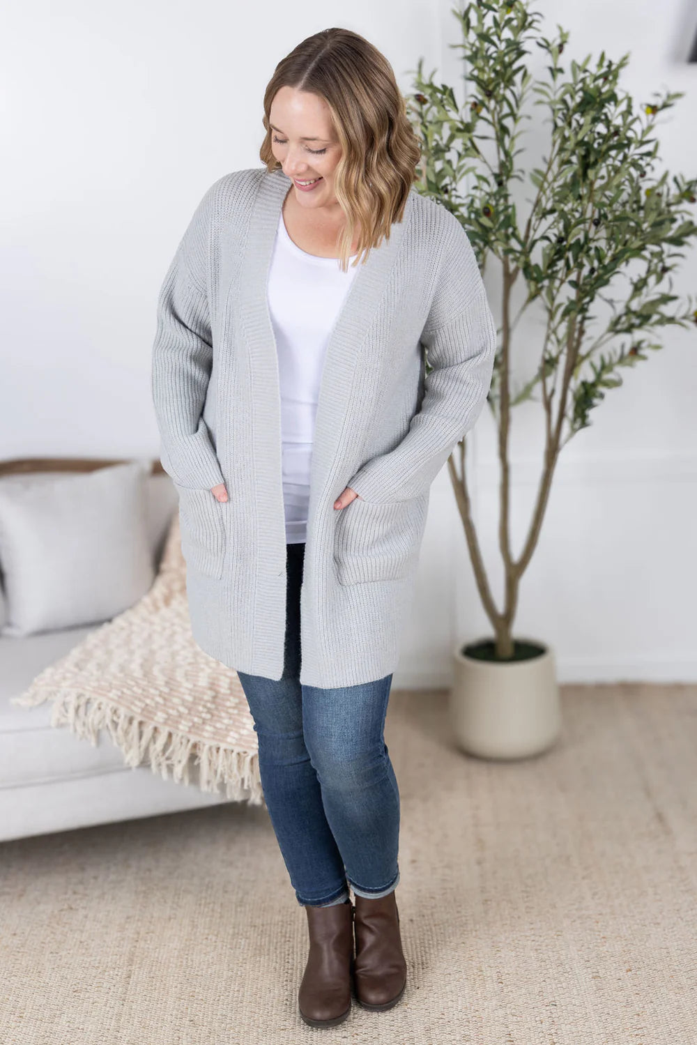 Grey Long Sleeve Cardigan Sweater