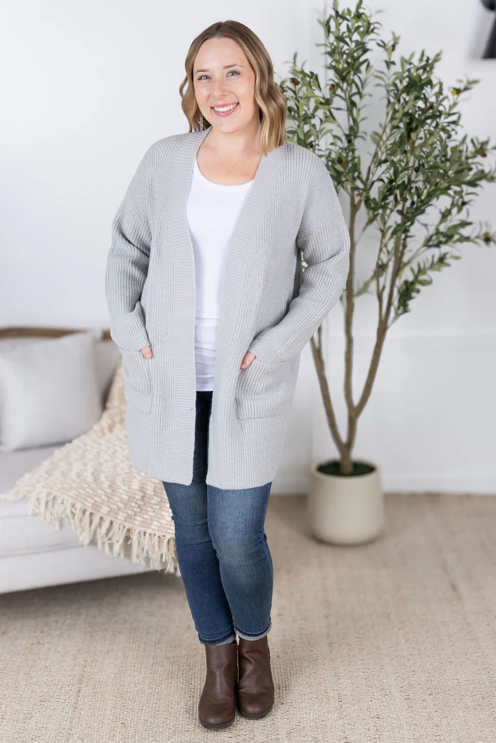 Grey Long Sleeve Cardigan Sweater