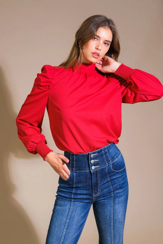 Woven Puff Sleeve Long Sleeve Blouse - 2 color options