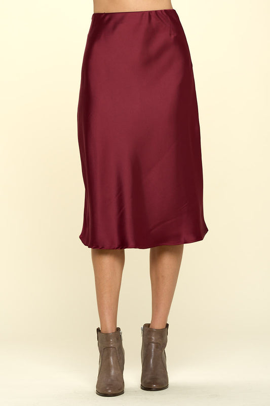 Burgundy Satin Midi Skirt