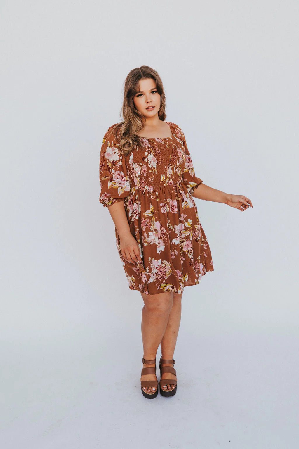 Camel Floral Smocked Dress