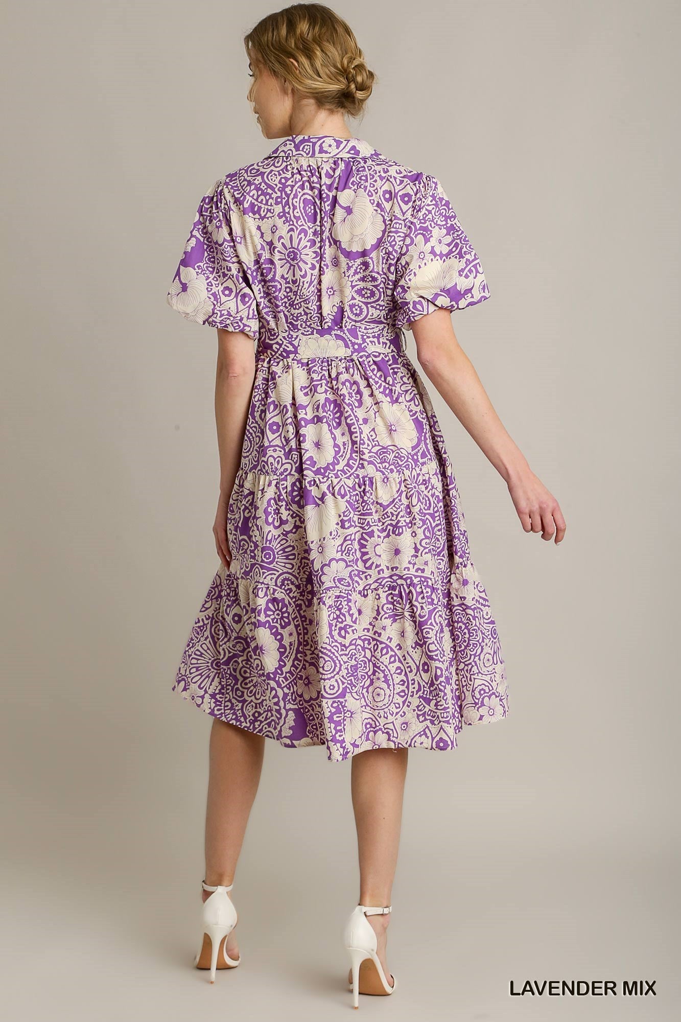 Lavender Mixed Print Collared A-Line Midi Dress