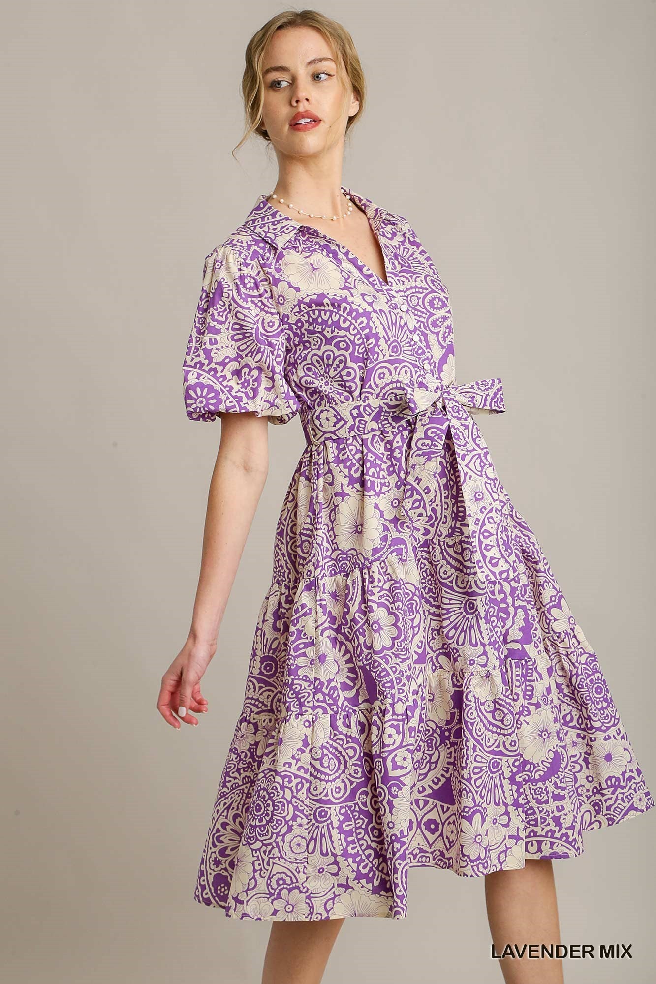 Lavender Mixed Print Collared A-Line Midi Dress