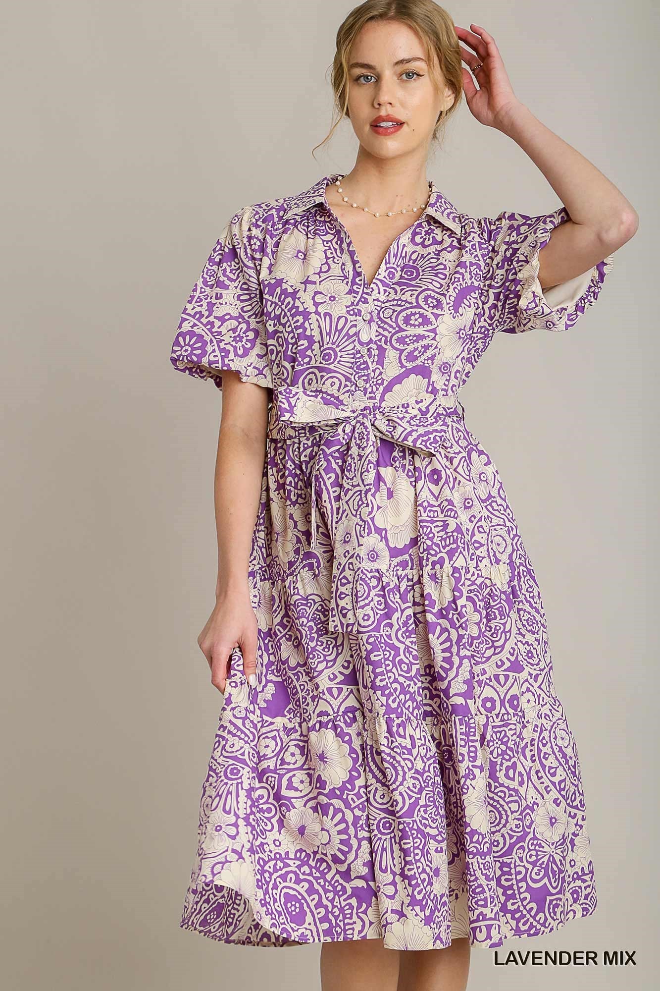 Lavender Mixed Print Collared A-Line Midi Dress