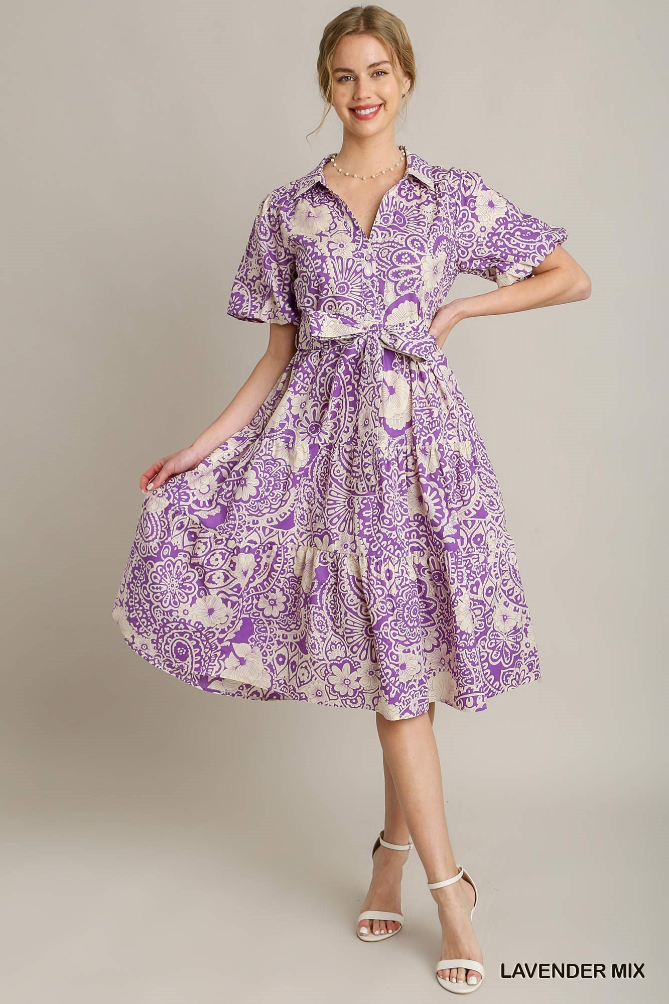 Lavender Mixed Print Collared A-Line Midi Dress