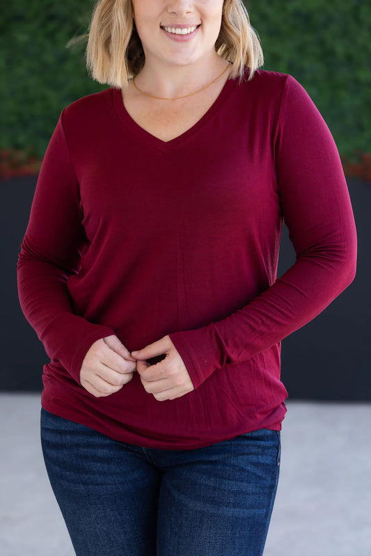 Burgundy V-neck Long Sleeve Top