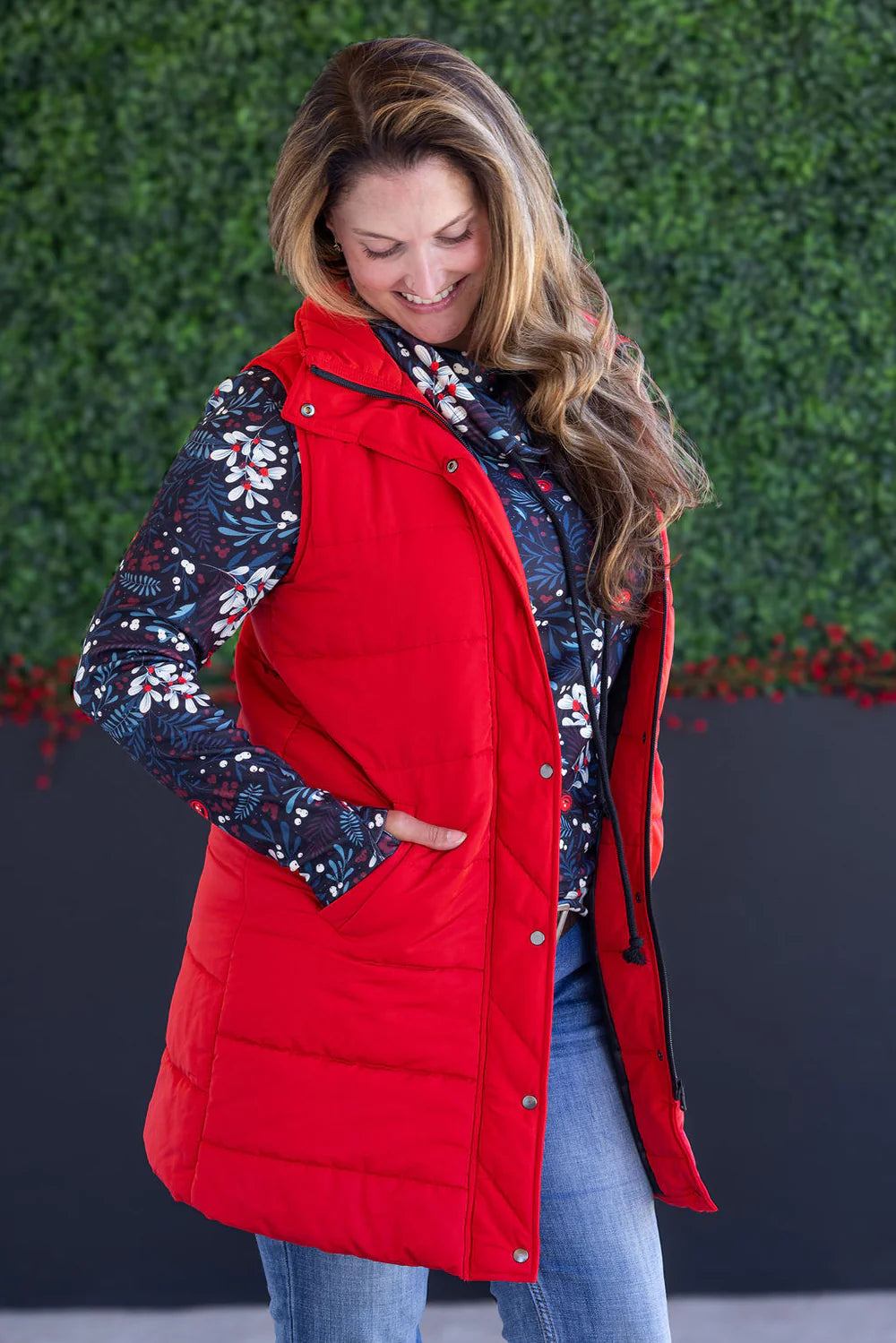 Red Long Puffer Vest