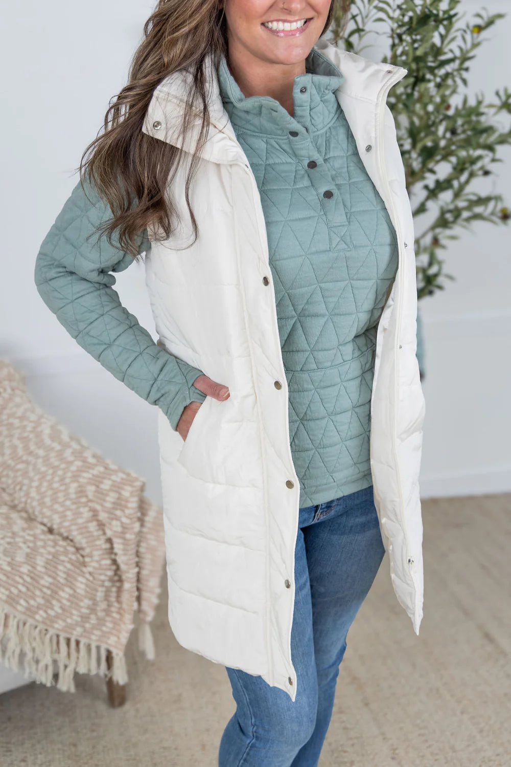 Cream Long Puffer Vest