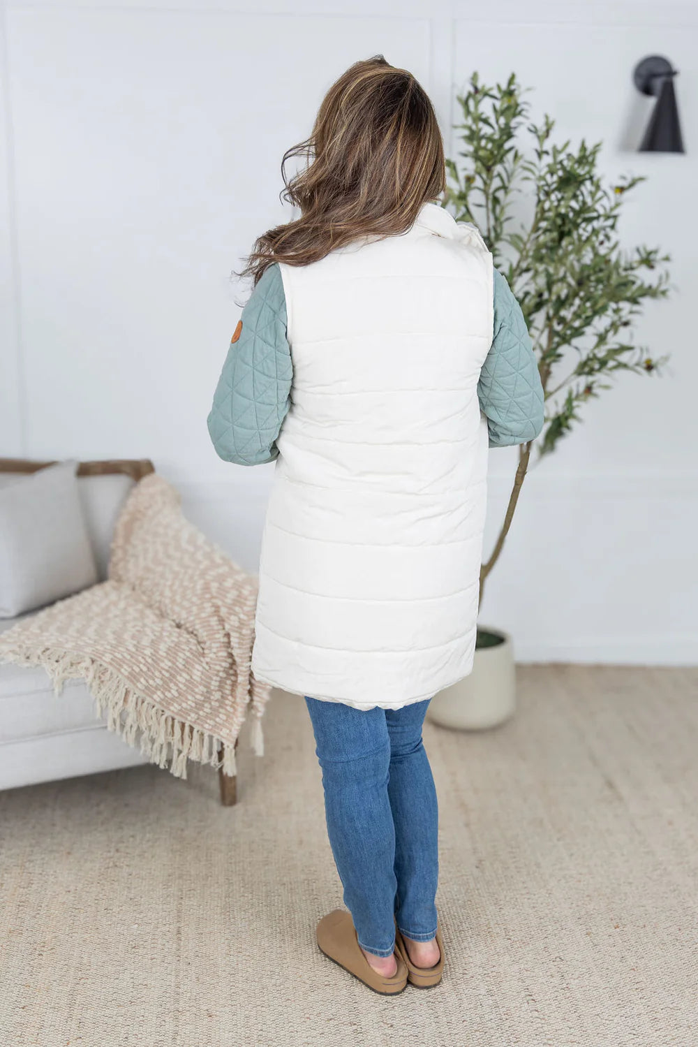 Cream Long Puffer Vest