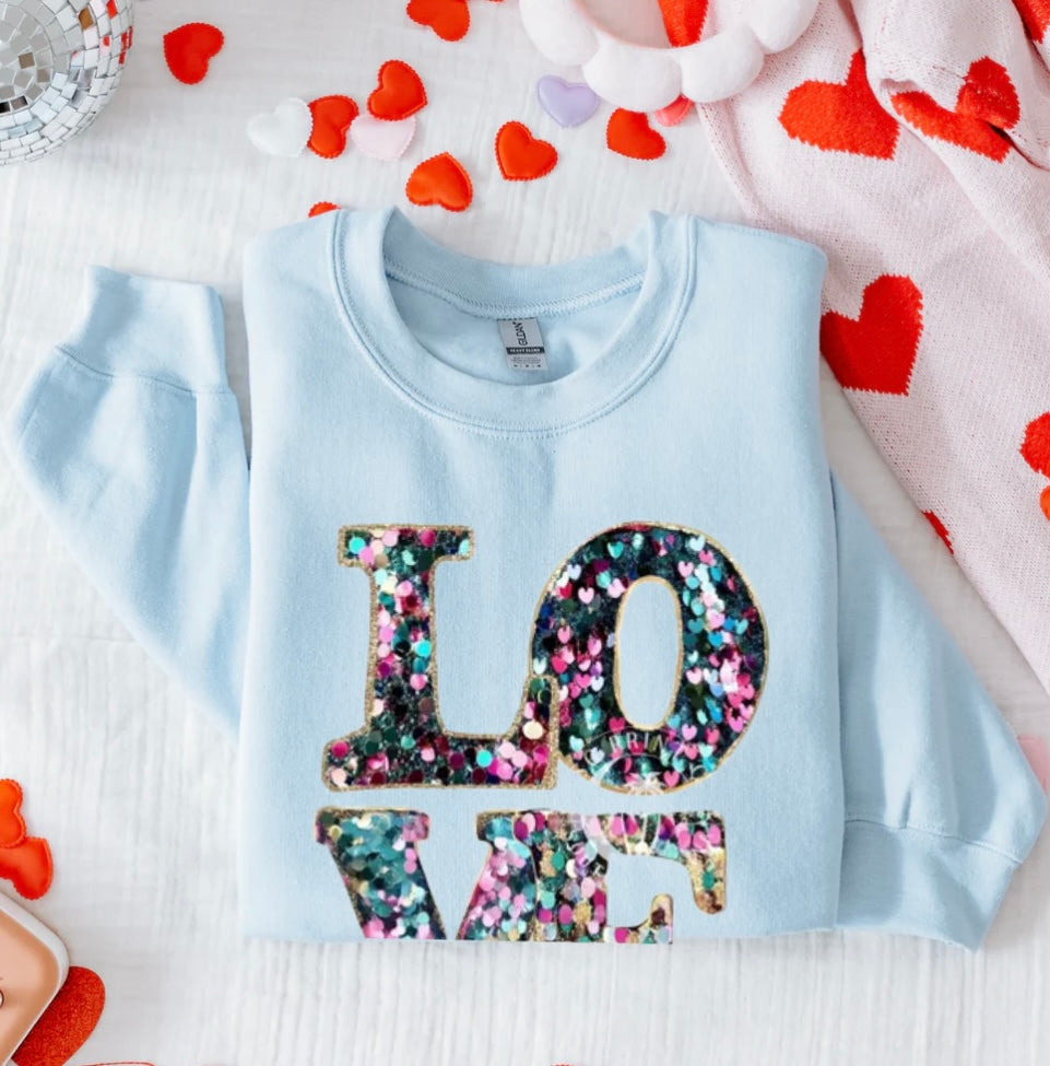 Faux Sequin Love Graphic Tee or Sweatshirt