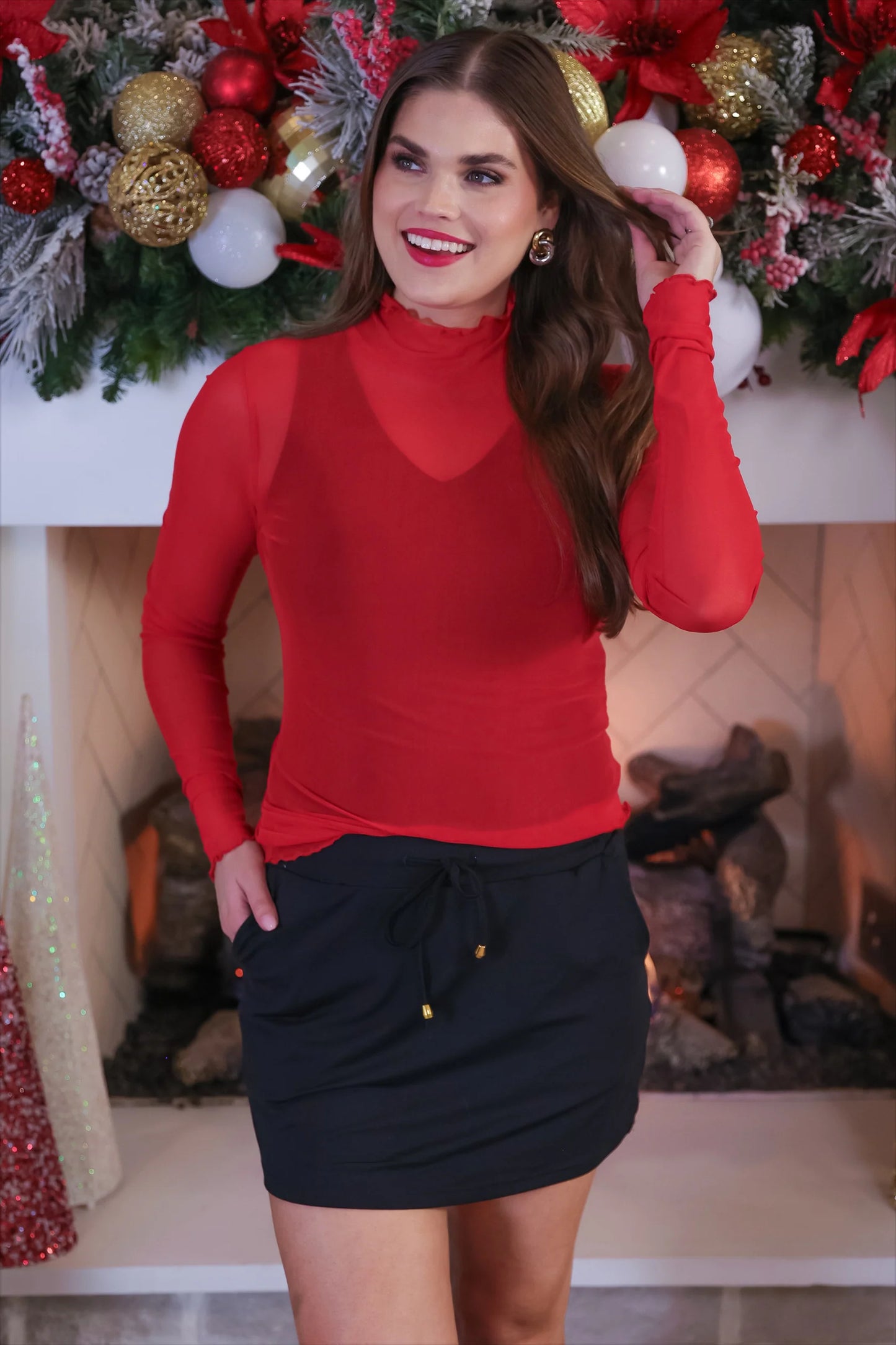 Red Long Sleeve Mesh Top