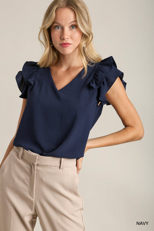 Navy V-neck Flutter Sleeve Top