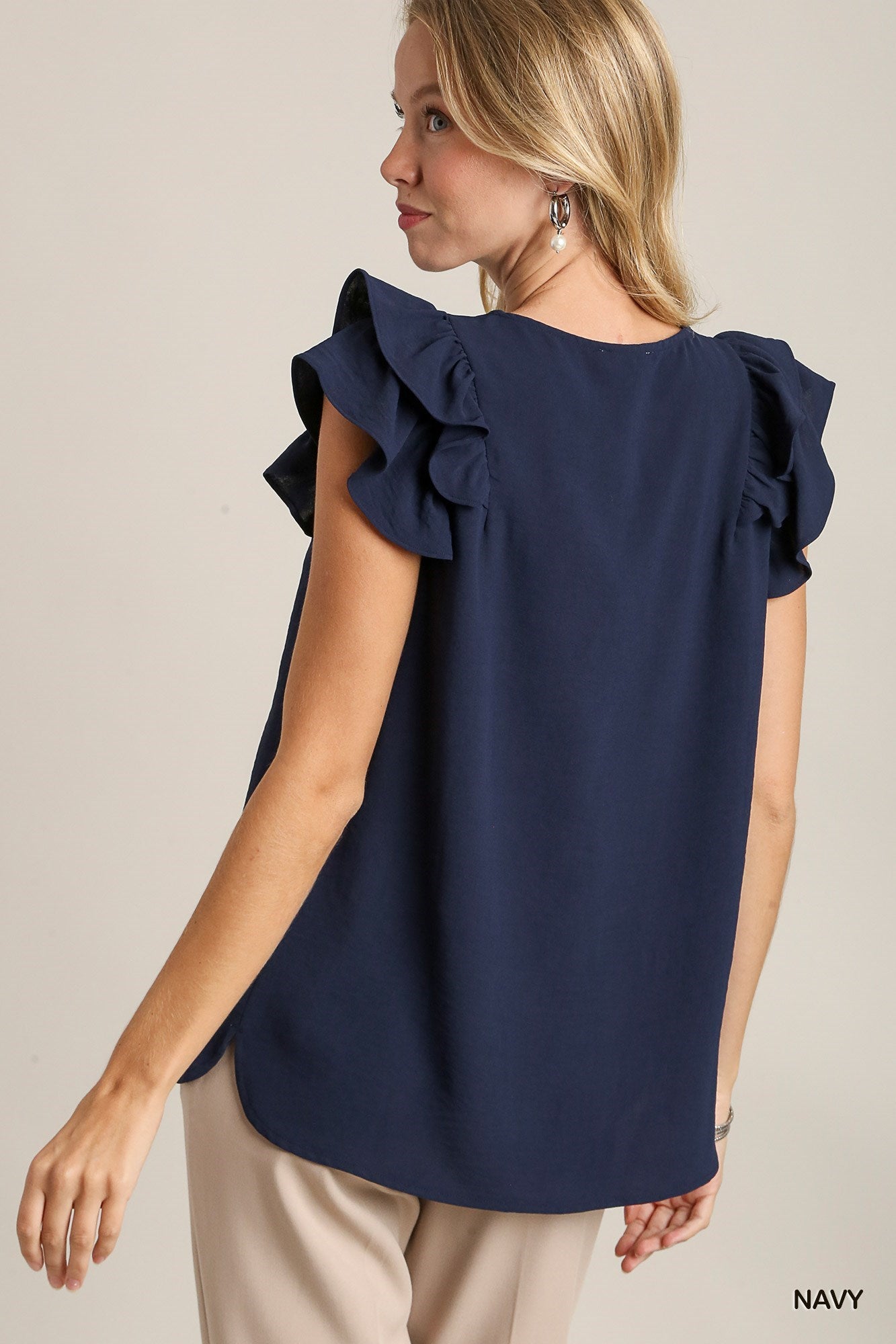 Navy V-neck Flutter Sleeve Top