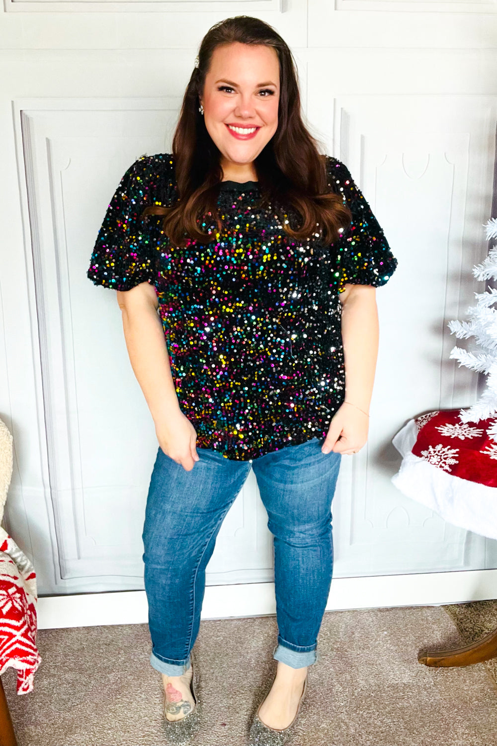 Black Velvet Multicolor Sequin Puff Sleeve Top