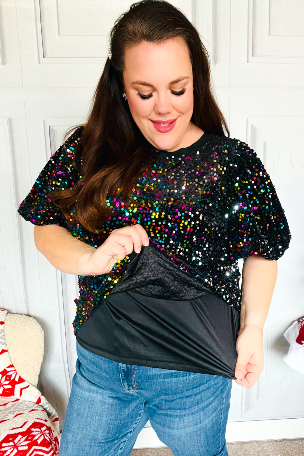 Black Velvet Multicolor Sequin Puff Sleeve Top