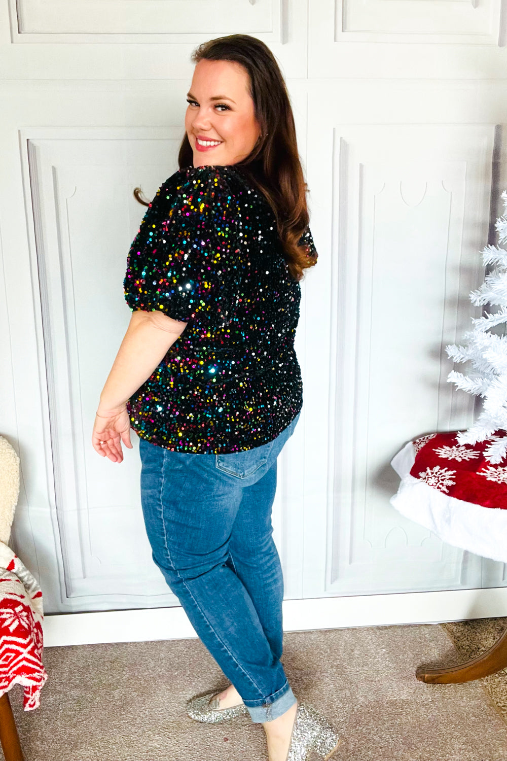 Black Velvet Multicolor Sequin Puff Sleeve Top